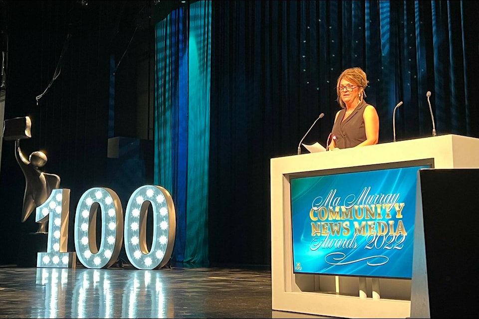 Lisa Farquharson opens the 2022 Ma Murray Awards on May 14, 2022, in Richmond, B.C. (BC Care Providers photo)