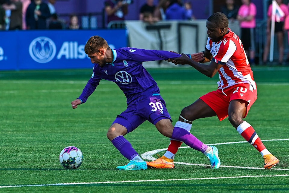 Pacific FC’s Kamron Habibullah started in an unfamiliar false nine role against Atletico Ottawa in playoff action at Starlight Stadium in Langford on Saturday (Oct. 15). (Simon Fearn/Black Press Media)