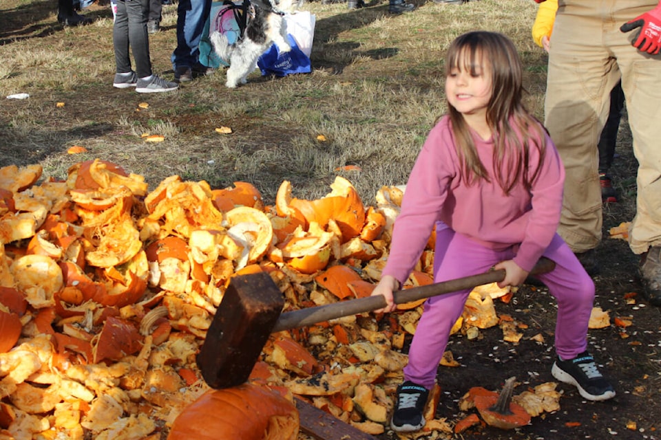 Zinnia Oke smashes a pumpkin at The Great Nanaimo Pumpkin Toss fundraiser benefiting Nanaimo Child Development Centre on Nov. 5. (Karl Yu/News Bulletin)