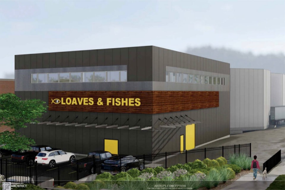 Concept drawing of a new Loaves and Fishes Community Food Bank warehouse and office facility on East Wellington Road. (Alvin Reinhard Fritz Architect image)