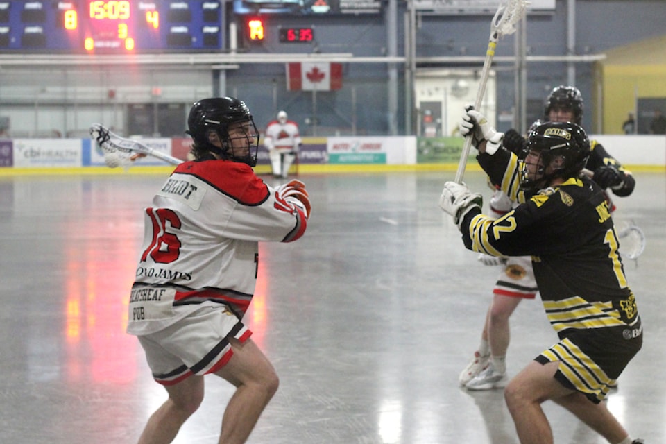 Nanaimo Timbermen player Logan Schmidt takes a shot on goal during a game against the Port Coquitlam Saints on Saturday, May 17, at the Nanaimo Ice Centre. (Greg Sakaki/News Bulletin)