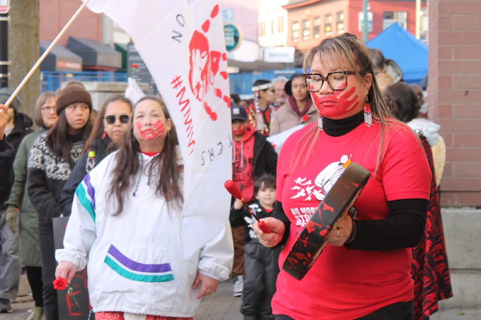 Leah Vaisanen led the No More Stolen Sisters march on Friday, Feb. 14, in downtown Nanaimo. (Jessica Durling/News Bulletin)