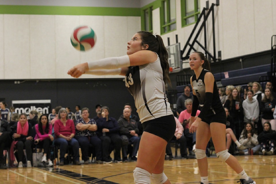 Nanaimo Christian School Trail Blazers player Audrey Miller competes during a match at  provincial championships at the NCS gym on Friday, Nov. 29. (Greg Sakaki/News Bulletin)