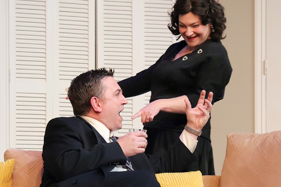 Jim Maher and Carolyn Kuhn rehearse a scene for Perfect Arrangement at the Nanaimo Theatre Group’s Bailey Studio recently. The play will run Oct. 6-26. (Francesca Reside photo)
