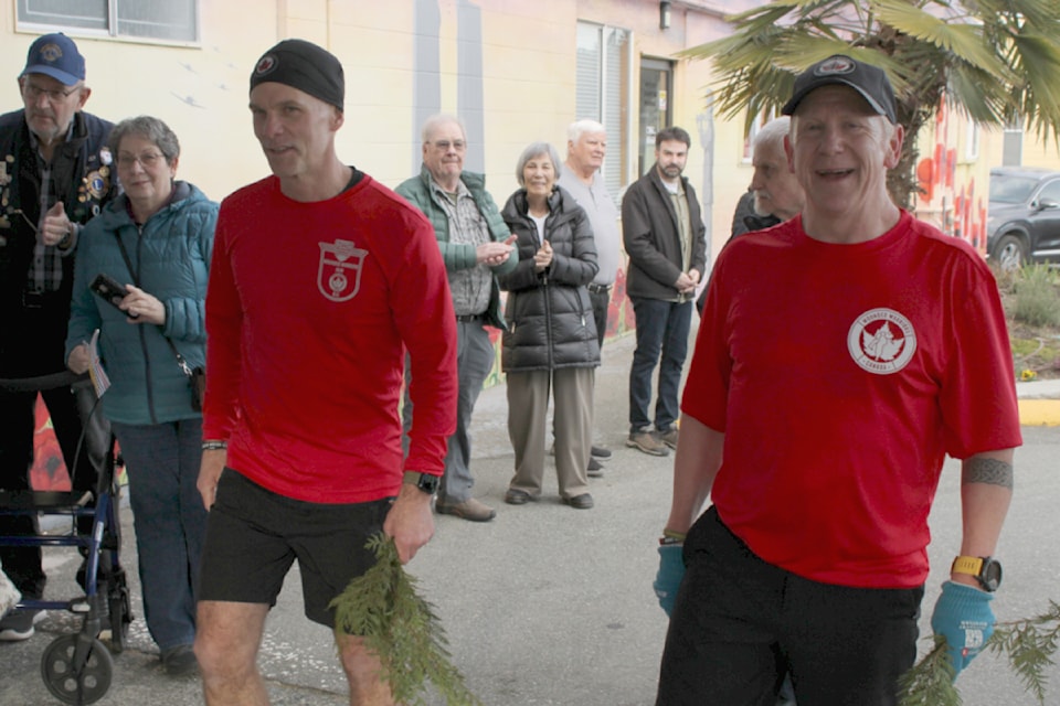 Jason Laidman (left) and Dan Bodden were part of the Wounded Warrior B.C. procession at Royal Canadian Legion Branch 256 on Feb. 28. (Karl Yu/News Bulletin)