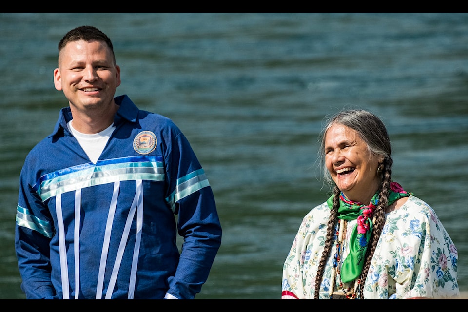 Confederated Colville Tribes chair Jared-Michael Erickson (left) with Shelly Boyd of the Sinixt Confederacy on Aug. 21 at Brilliant, on the Columbia River near Castlegar.
