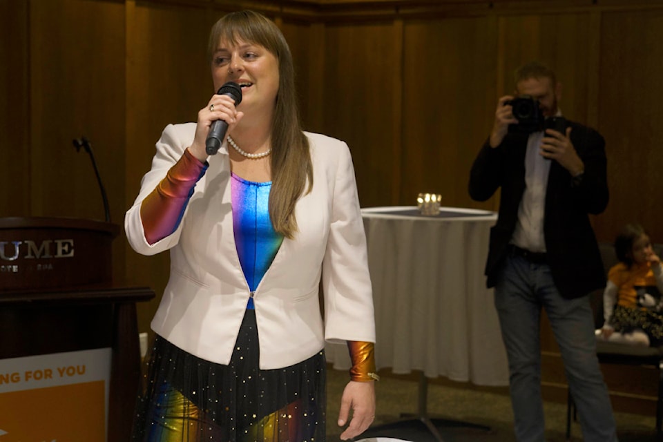 The B.C. NDP's Brittny Anderson speaks to supporters after being re-elected as Kootenay Central MLA after Saturday's provincial election.