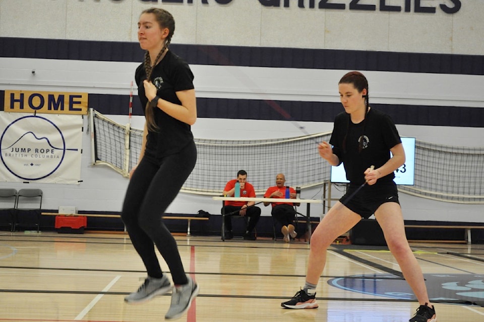 Two athletes with the Nelson Rhythm Ropers compete at L.V. Rogers on April 12 during the Jump Rope BC provincial championships.