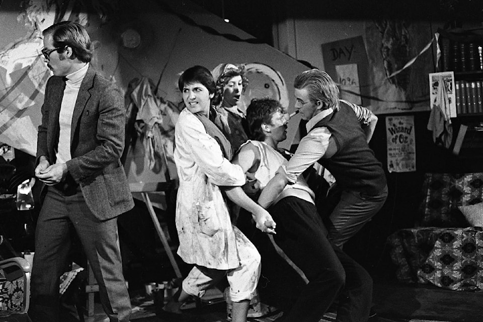 Scene from “Occupation,” a comedic play inspired by the DTUC Library occupation and written by former DTUC student Linda James. It was performed by the Loose Change Theatre at the “SUB Pub” (the Student Union Building’s pub on the Tenth Street Campus) throughout August 1984. L-R: Michael Pearce, Julie Ross, Nicola Harwood, Ben Nichvolodoff and Nils Johnson.
