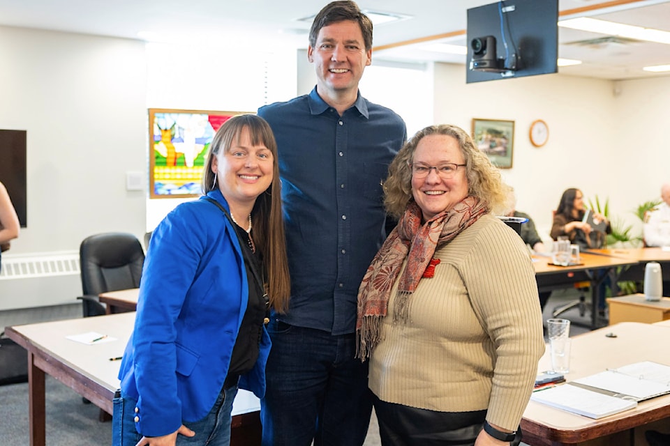 Kootenay Central MLA Brittny Anderson (left) is seen in Nelson with Premier David Eby and Mayor Janice Morrison.