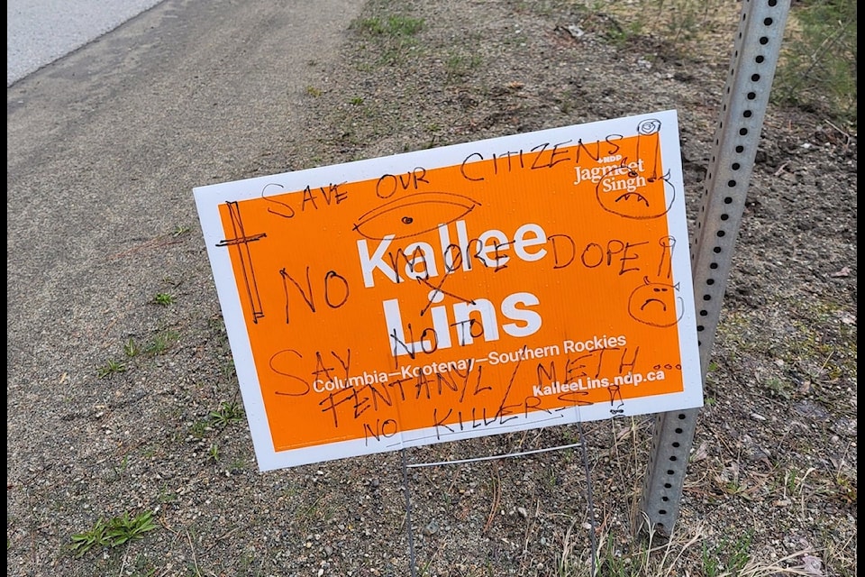 Defaced election signs on Highway 3A near Nelson. 