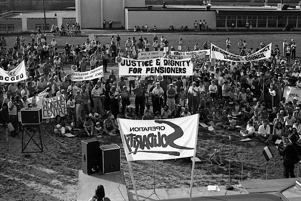 The Operation Solidarity protest in Nelson, showing the banners of some of the organizations involved. From July to November 1983, the Solidarity movement included unions, environmental groups, religious organizations, social justice groups, and women’s organizations and was so widespread it nearly plunged the province into a general strike.