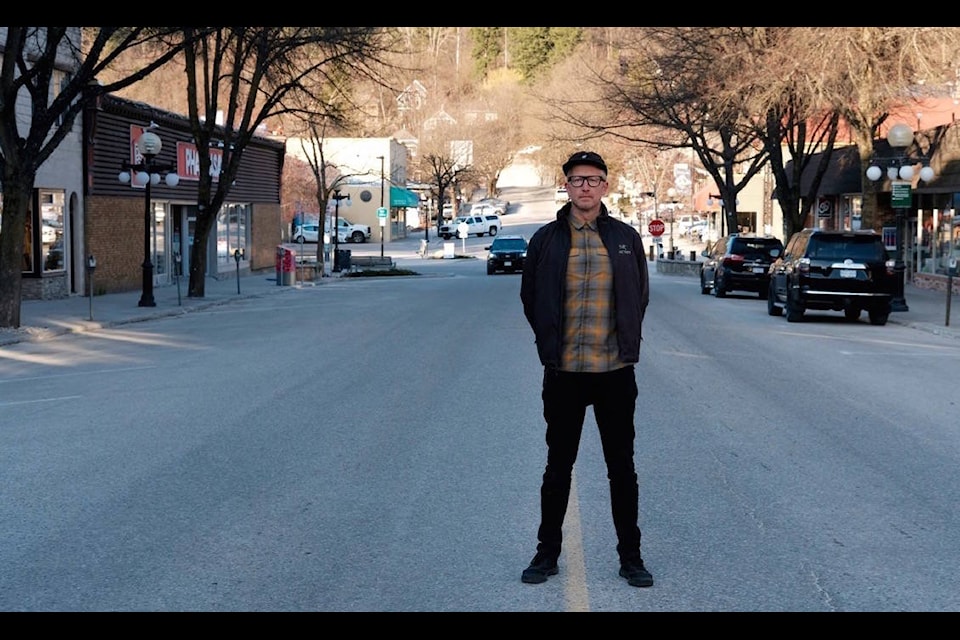 Craig Mullin, markets director for the West Kootenay EcoSociety, on the nearly deserted 600 block of Baker Street, where farmers’ markets will start in June, but organized very differently because of COVID-19. Photo: Bill Metcalfe