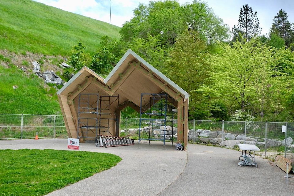 The Cottonwood Market stage under construction on May 20. The stage is intended for outdoor concerts throughout the summer, not just at the Saturday markets. Photo: Bill Metcalfe