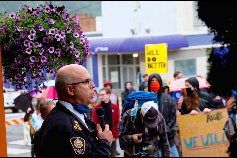 Nelson’s police chief Paul Burkart answered questions at an outdoor meeting on policing and race relations for more than two hours on June 8. Photo: Bill Metcalfe