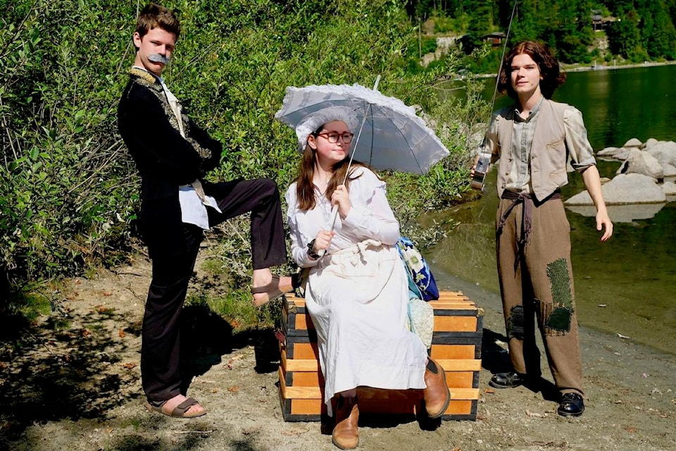 From left, youth actors Oscar Hunter, Gabby Asbell and Julian Barkman on the film set of Peter and the Starcatcher on the shore of Kootenay Lake. Photo: Bill Metcalfe