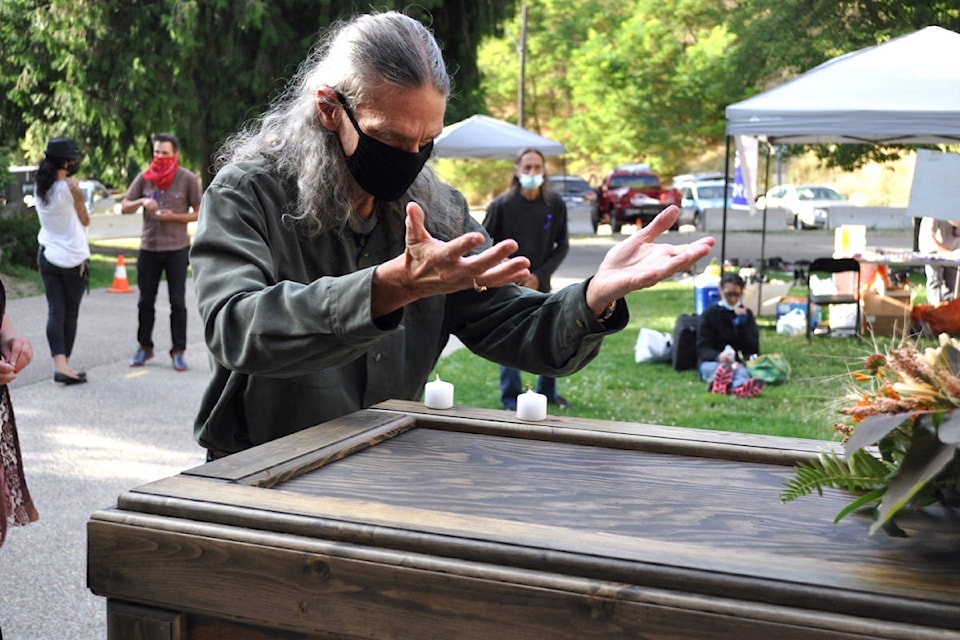 Duncan Grady, an elder with the Circle of Indigenous Nations Society, offers a prayer Monday during a ceremony marking International Overdose Awareness Day. Photos: Tyler Harper