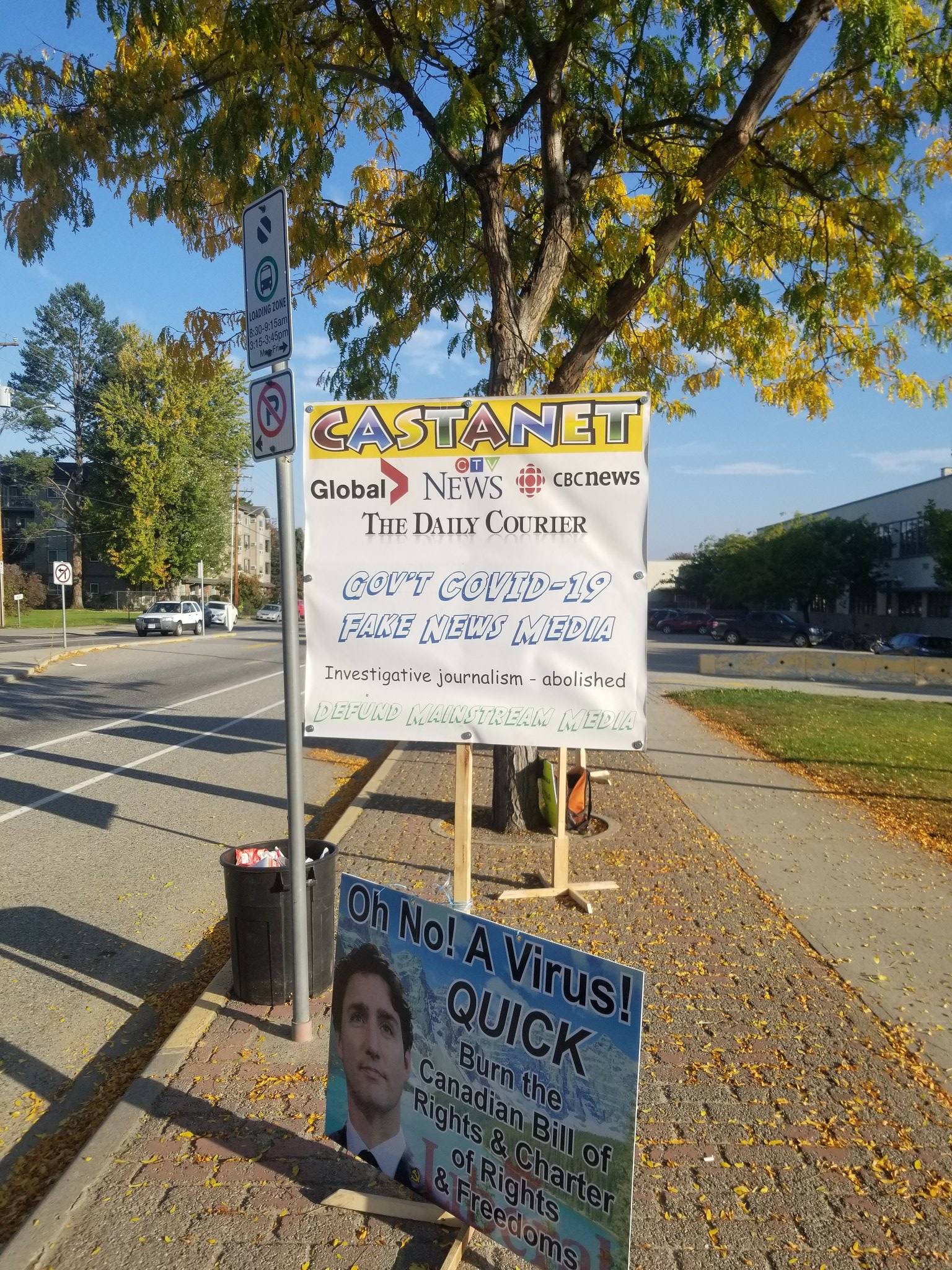 A sign, put up by the protesters, calling to ‘defund mainstream media.’ (Contributed)