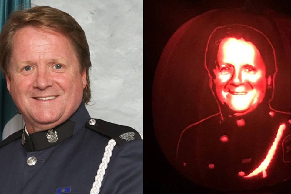 Among the pumpkin carvings created this year by Rick Chong of Abbotsford is this tribute to fallen officer Cont. Allan Young.