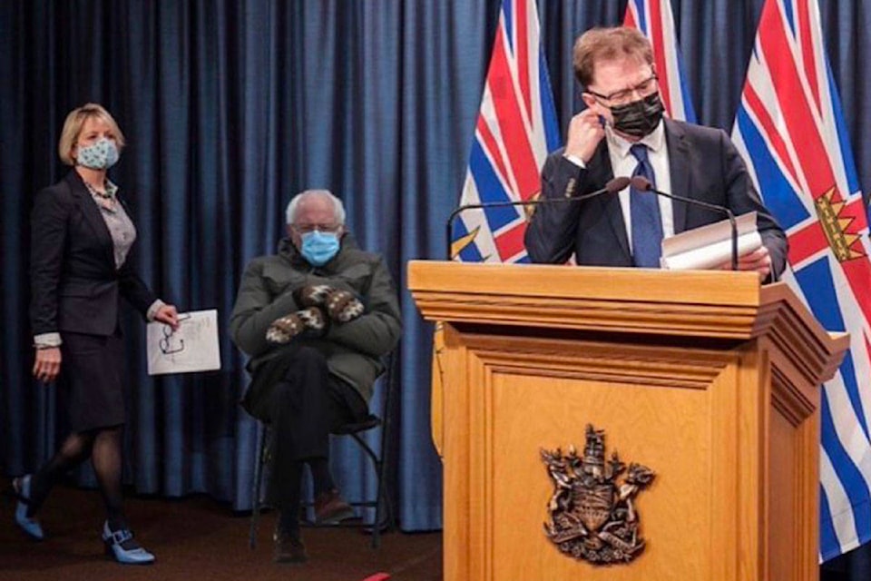 U.S. Senator Bernie Sanders sits in on a COVID-19 briefing with Dr. Bonnie Henry, provincial health officer, and Adrian Dix, B.C. minister of health. (Birinder Narang/Twitter)