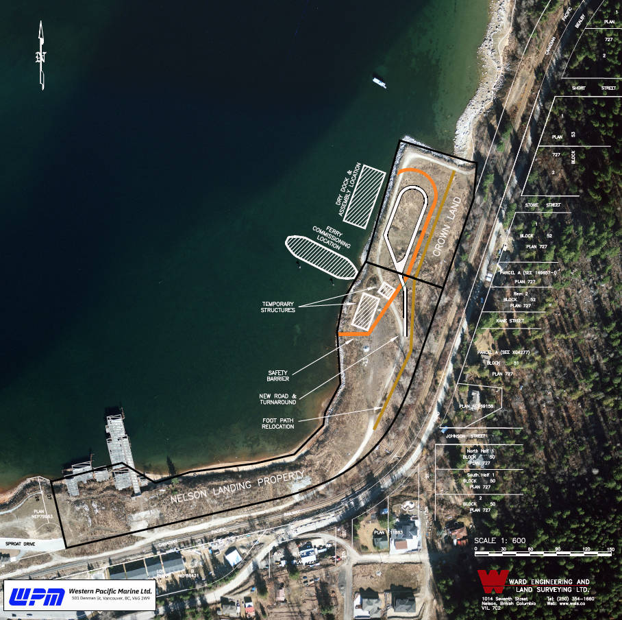 This is the site plan for the ferrys construction. The orange line denotes a berm and fence surrounding the assembly area. The yellow line will be a new walking route for residents on their way to and from Red Sands Beach, which is located a short distance past the top of the image. Illustration courtesy Ward Engineering and Land Surveying Ltd.