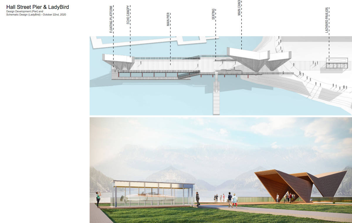 Top: a drawing of the elements of the proposed Hall Street Pier showing the Ladybird pavilion on the far right. Bottom: proposed Ladybird pavilion on the left, with the first pier canopy on the right. Illustration: City of Nelson
