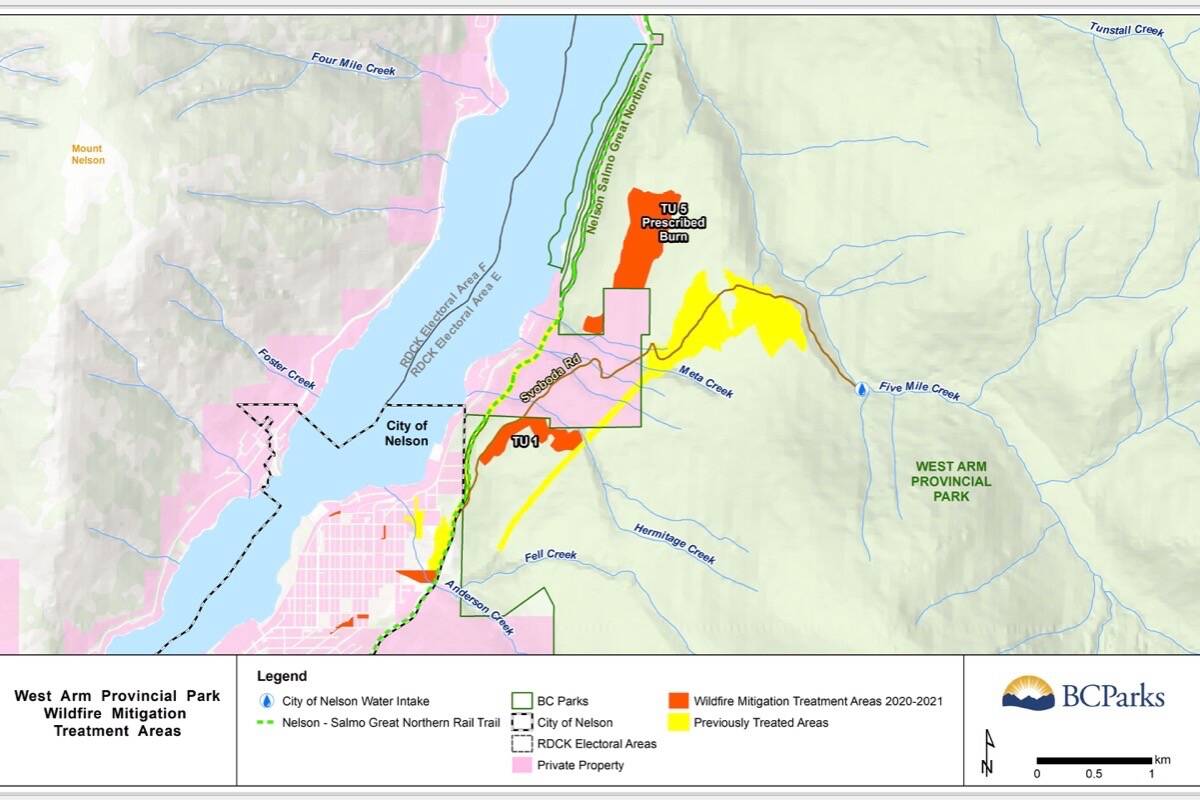 The small red areas shown within the city are fuel treatments done recently by the City of Nelson. The two large red-shaded areas labeled TU 1 and TU5 are the work done within West Arm Provincial Park described in this article. Not shown are two treated areas in the park located near Harrop. Map: B.C. Parks and Cathro Consulting