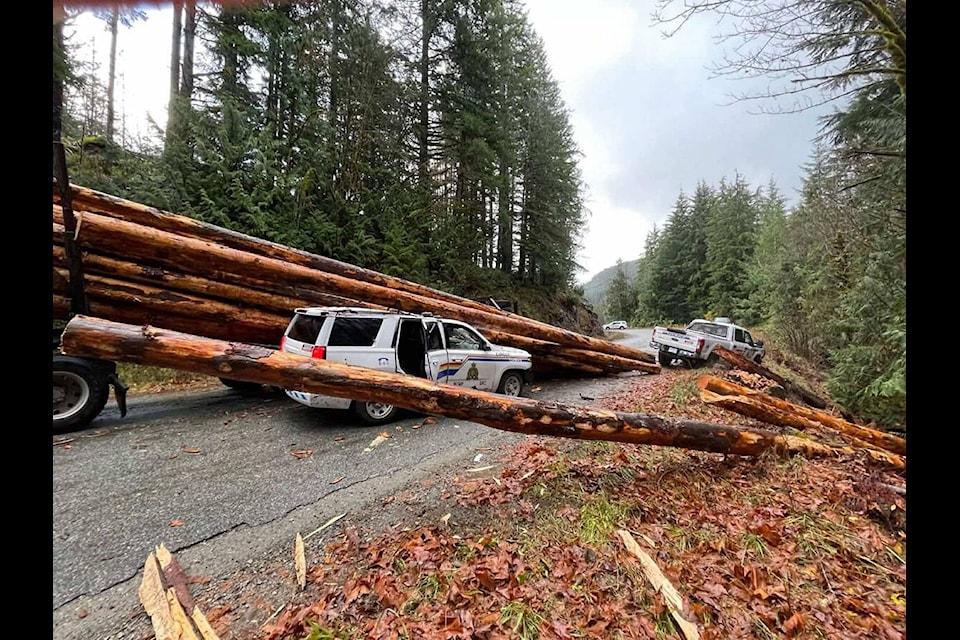 A logging truck dumped its load of logs onto two RCMP cruisers near Mesachie Lake Tuesday morning, sending three police officers to hospital with non-life threatening injuries. (RCMP photo)