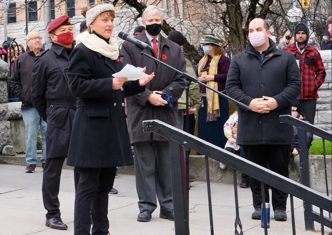 Nelson Creston MLA Brittny Anderson spoke at the 2021 Remembrance Day ceremony in Nelson. Photo: Bill Metcalfe