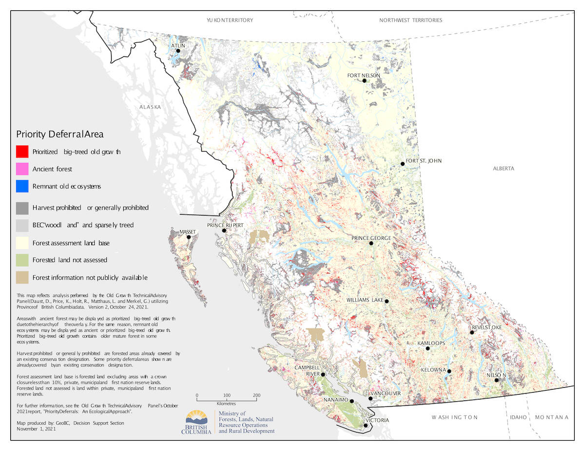 Dr. Rachel Holt and her colleagues on the provinces Old Growth Technical Advisory Panel used provincial data to create this map, on which the red areas are big-treed old-growth. Map: Government of British Columbia