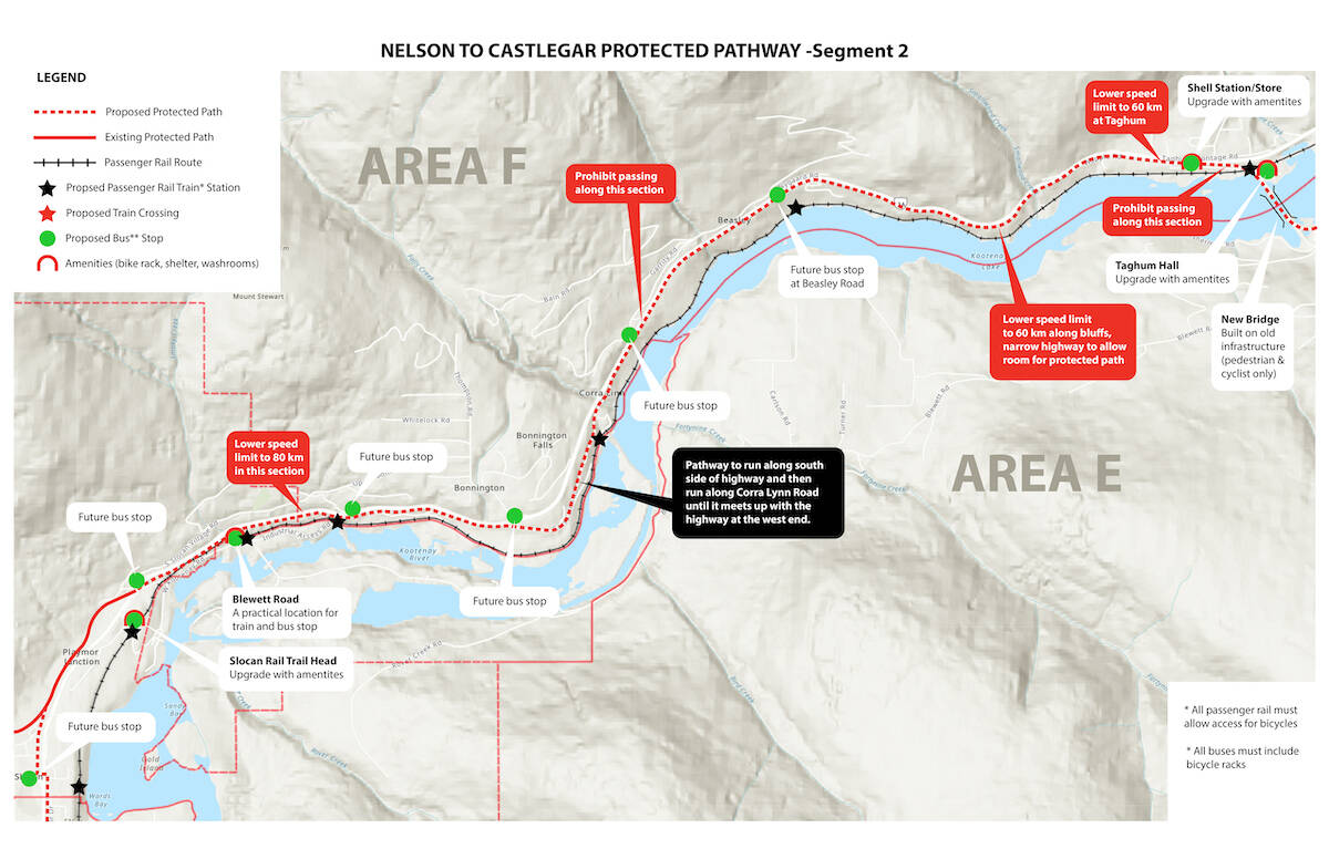 The Nelson to Playmor Junction section of the Castlegar–Nelson Active Transportation Network Vision. The vision document also includes maps of four other segments between Nelson and Castlegar. Map: West Kootenay Cycling Coalition