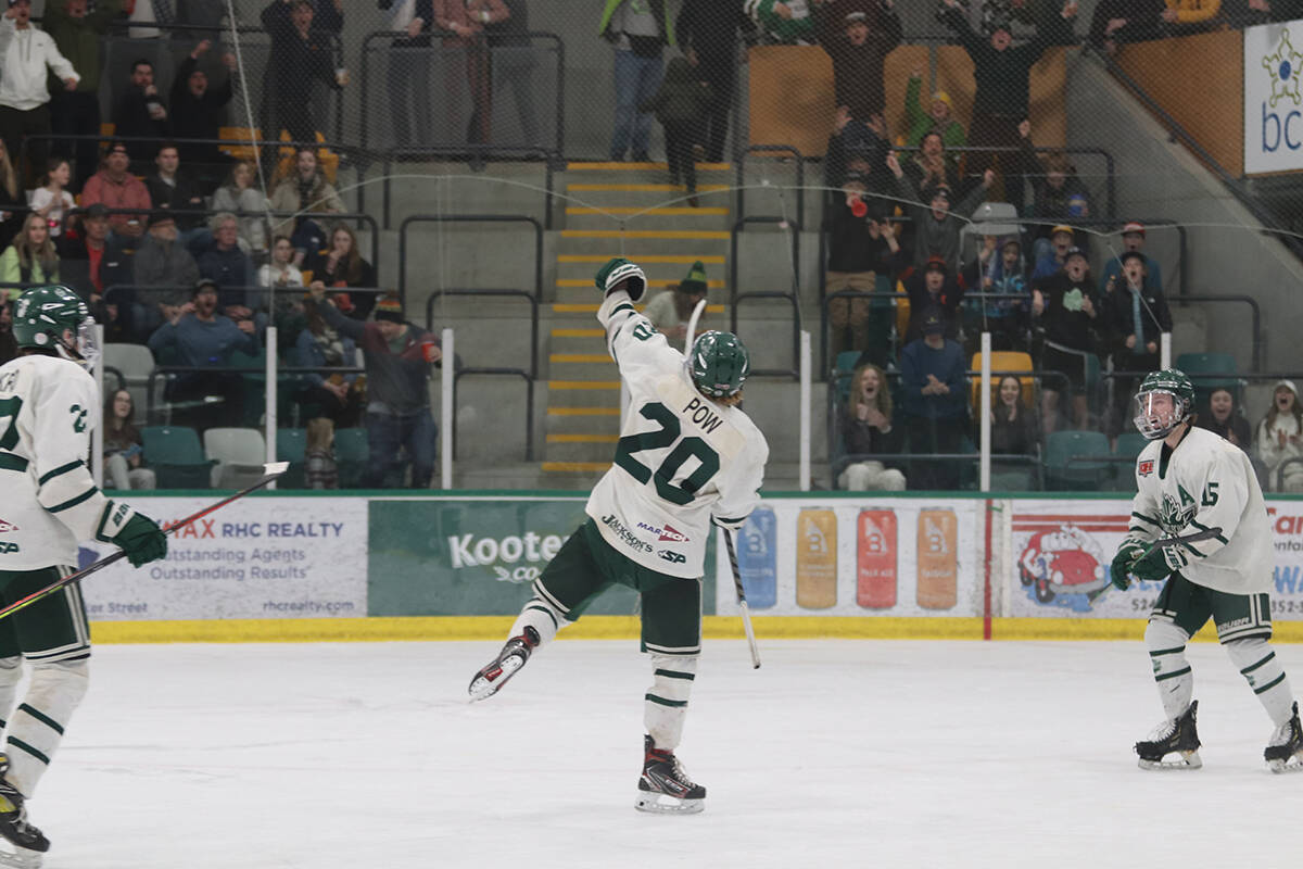 Bryden Pow celebrates after scoring the eventual game winner for Nelson. Photo: Bob Hall