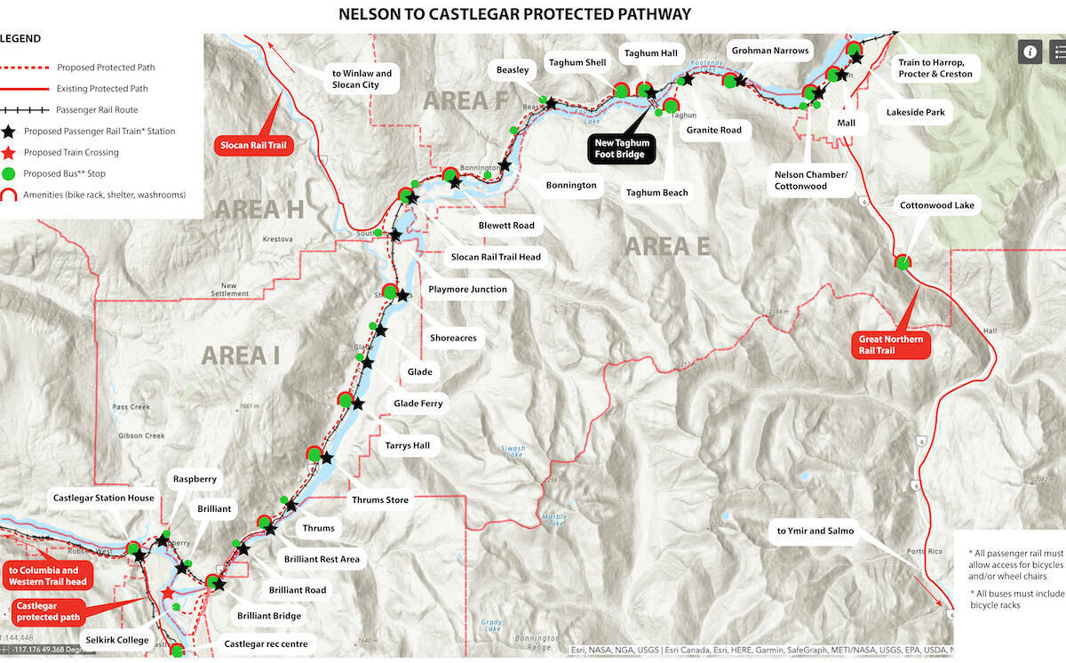 Overview map of the Castlegar–Nelson Active Transportation Network Vision. The proposal also contains detailed maps of five different segments of the route. Map: West Kootenay Cycling Coalition