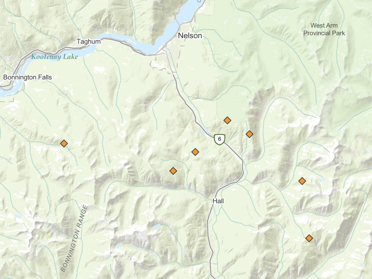 Seven fires have begun after a lightning storm Tuesday near Nelson. Illustration: B.C. Wildfire Service
