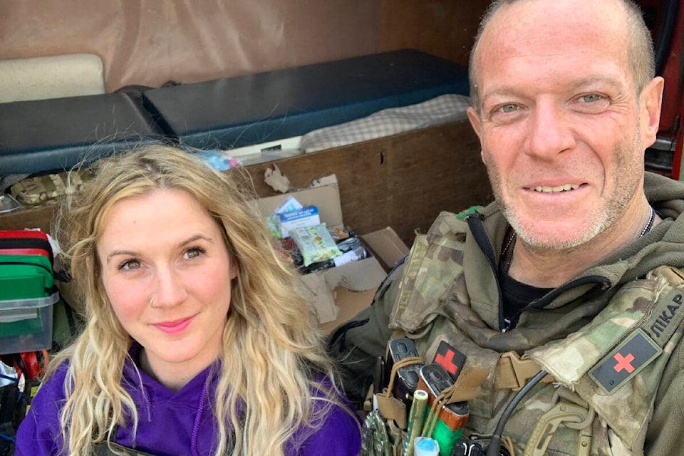 April Huggett with Peter, who is part of a medic/ambulance team in Konstantinivka, Ukraine. Photo: Submitted by April Huggett