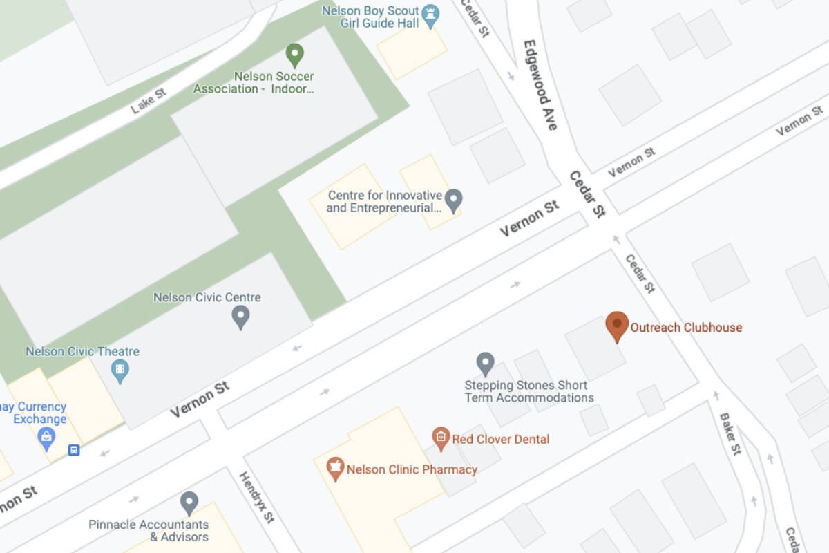The Nelson Friendship Outreach Clubhouse is seen here at the red pin. Its proximity to youth facilities and residences has raised concerns about its use as an inhalation site. Image: Google Maps