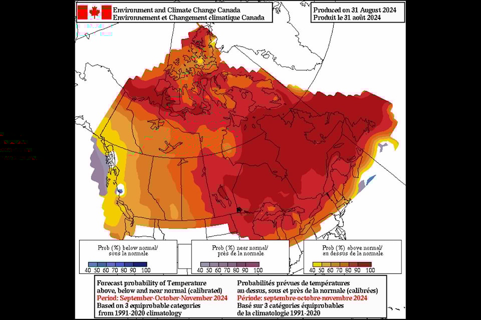 Environment and Climate Change Canada is predicting that Yellowknife has about a 70 per cent chance of having a warmer fall than average. The more northern areas of the territory also have greater odds off being warmer than usual during autumn.