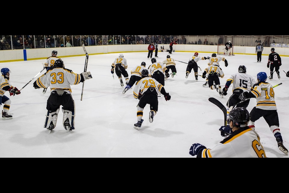 The Tuk Bulldogs celebrate after Max Kotokak Jr. scored a penalty shot to win the 2025 IRC Cup's B division title for the team. Photo courtesy of IRC Communications