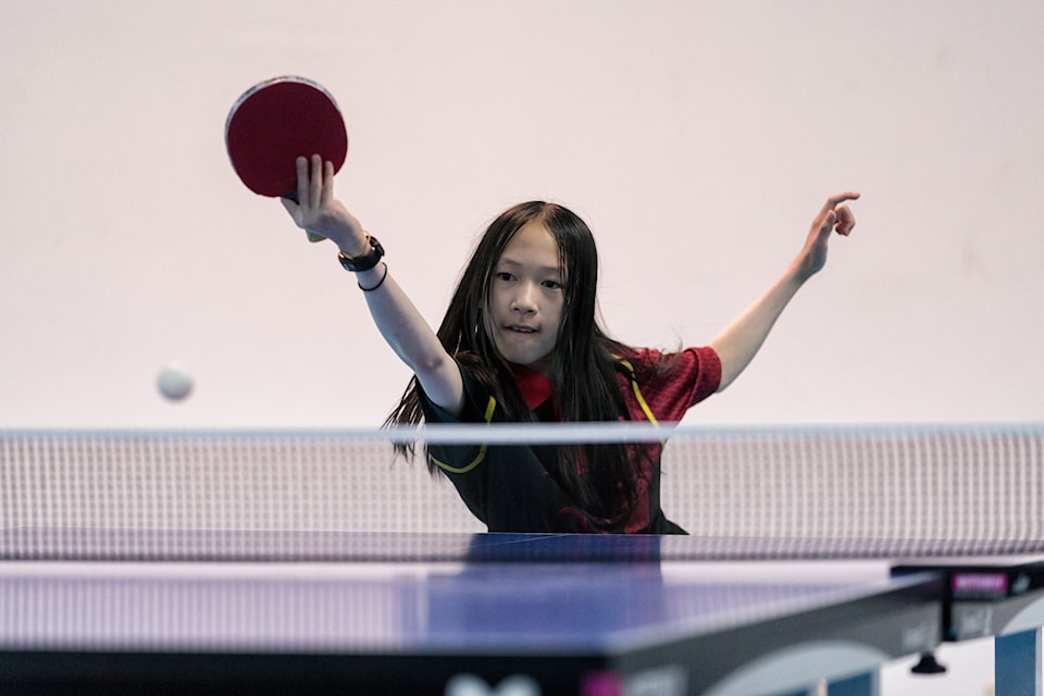 Yellowknife's Kathleen Cai takes a shot at the 2024 NWT table tennis championships in Fort Providence. Cai will join four other NWT players at the Canadian Championship in Laval, Que., from July 19-24. Photo courtesy of Thorsten Gohl