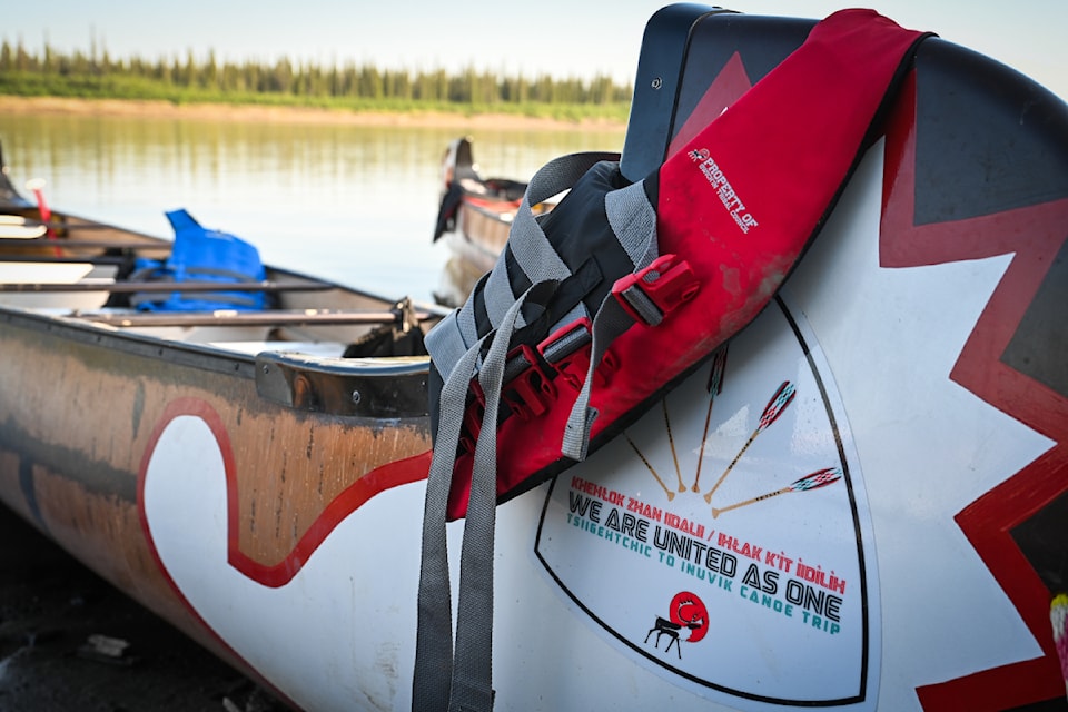 A shot of the paint work on the four canoes that the Gwich'in Tribal Council commissioned for the first 'We Are United As One' canoe trip. A canoe is on display in each of the communities in the Gwich'in Settlement Area.