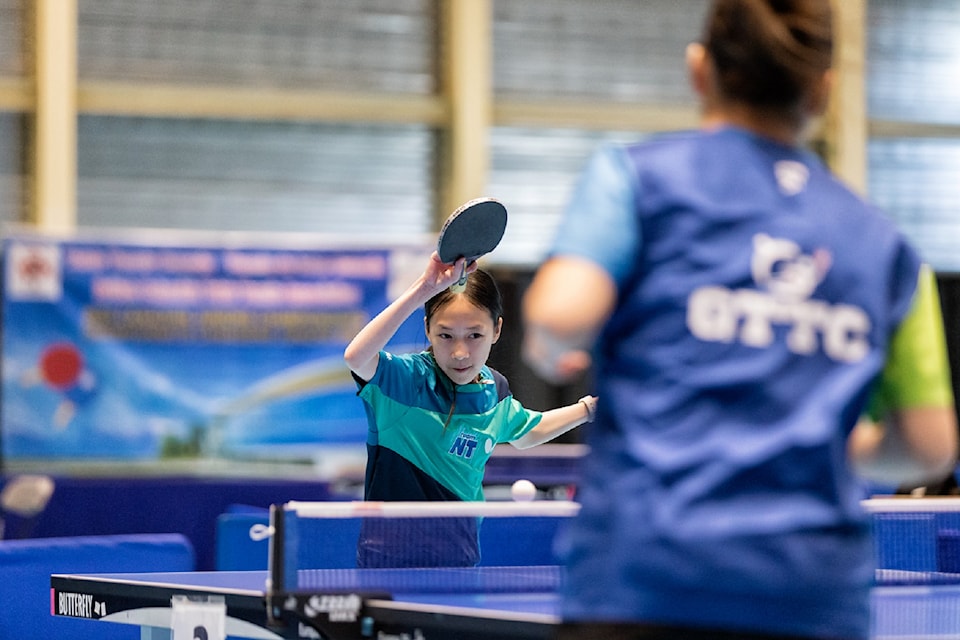 Yellowknife's Kathleen Cai makes a return shot during play at the 2025 Canadian Table Tennis Championships in Richmond, B.C. in July. Photo courtesy of Thorsten Gohl