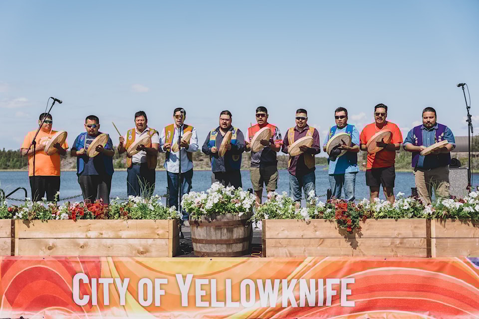 Yellowknives Dene Drummers perform for the crowd.