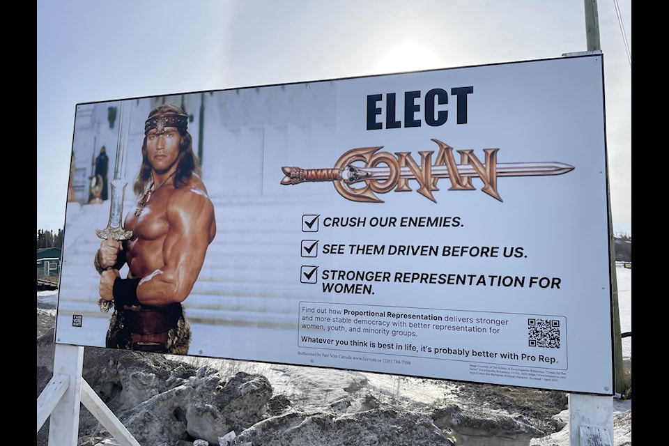 Conan the Barbarian's sign promises to crush our collective enemies, see them driven before us and promises stronger representation for women.