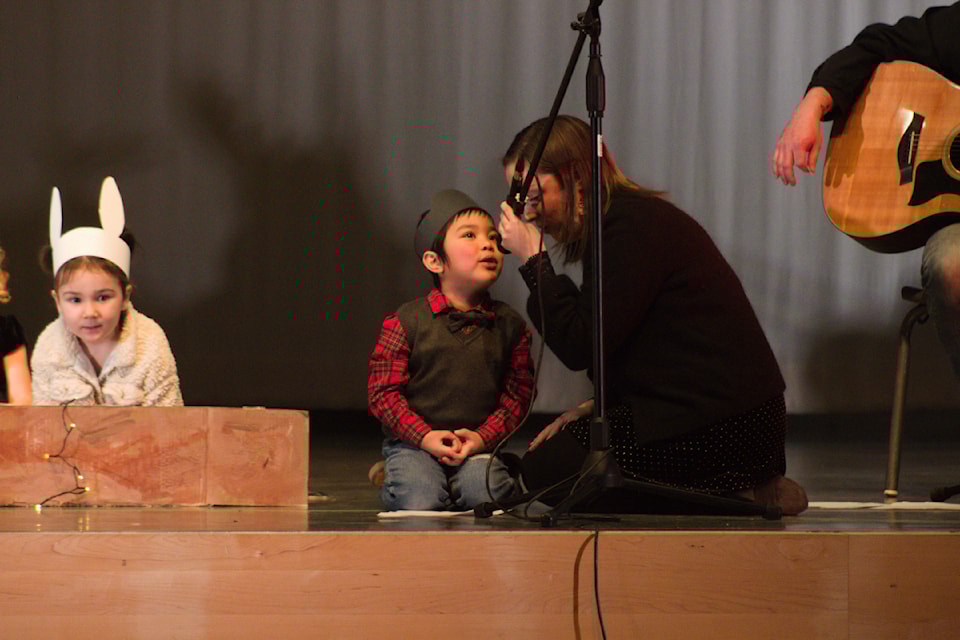 Liam Chopen leads off a performance of 'Ten on the Sled' as Danielle  Aylward holds the mic. On the left is Emma Lennie.