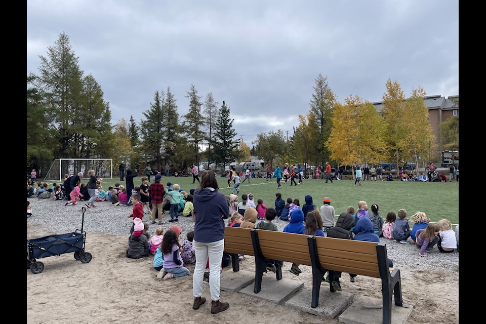 Part of celebrating the new outdoor pitch at Ecole Itlo on Friday meant having a teachers vs. students game. Devon Tredinnick/ϳԹ photo