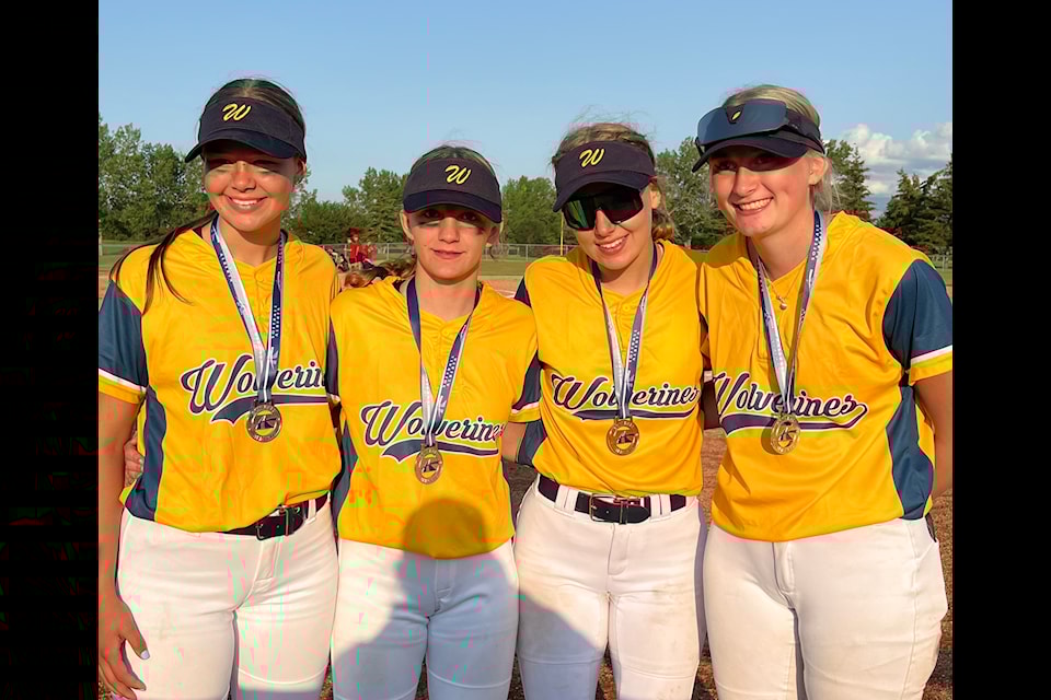 From left, Ella Skauge, Kaiah Carter, Kali Skauge and Keira Coakwell don their medals at the U19 Female Fastball Provincials in Castor, Alta. Photo courtesy of Angela Carter
