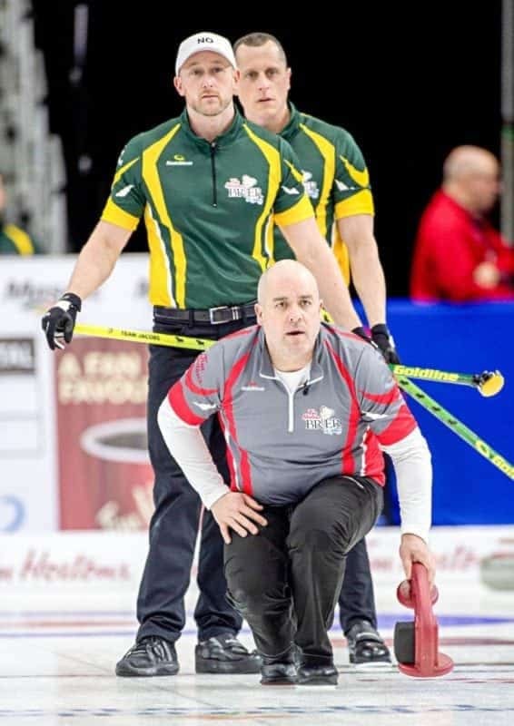 St.John's N.L.March 6, 2017.Tim Hortons Brier.N.W.T. skip Jamie Koe,Team N.Ont lead Ryan Harnden,second E.J.Harnden.Curling Canada/michael burns photo