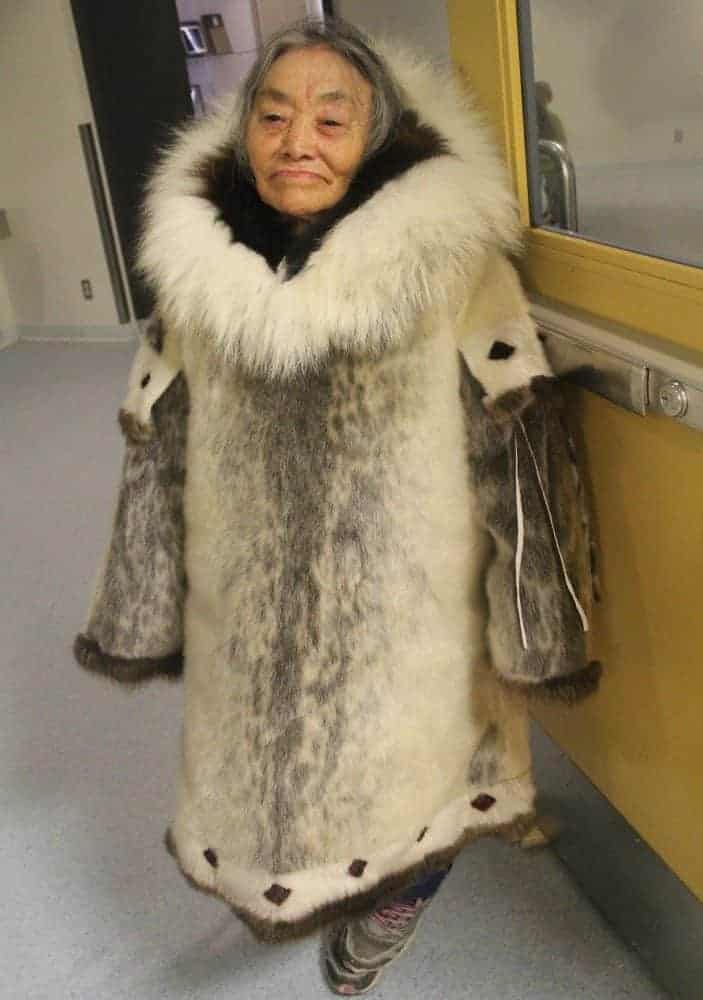 Elder Martha Atkichok dresses in a seal skin parka at the Umiyaqtutt Festival fashion show. In the modern clothing category, Salomie Qitsualiq prevailed and earned a $1,000 gift card from the Hamlet of Gjoa Haven. Claudia Apiana's second place prize was $750 while Mollie Apiana received $500 for third place.