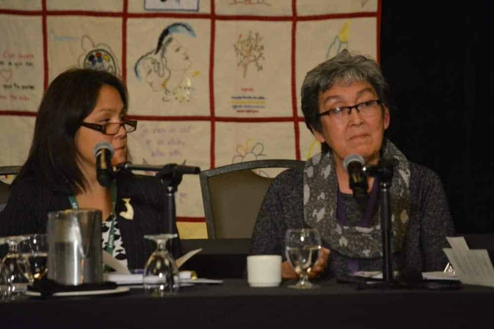 Elisapee Davidee Aningmiuq (right) testifies about the role of culture in the health of Inuit during the Sept. 10 knowledge keeper and expert hearing for the MMIWG Inquiry.