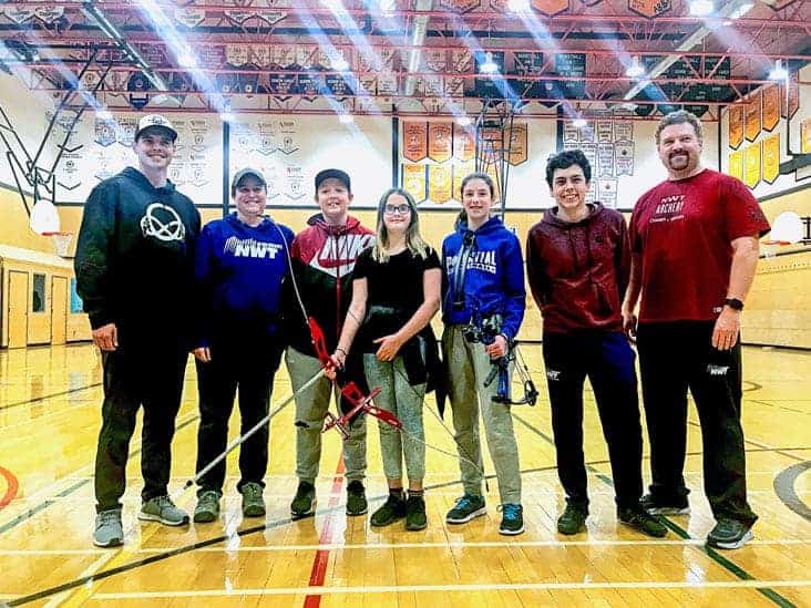 Team NT's archery team for the 2019 Canada Winter Games is all set to go following the trials at Sir John Franklin Gymnasium on Saturday. They are, from left, Carson Roche of Archery NT, coach Cynthia White (Fort Smith), Fergus Rutherford-Simon (Fort Smith), Tayla Minute (Fort Smith), Katie Genge, Bailey Johnston and coach Eugene Roche. photo courtesy of Beth Hudson